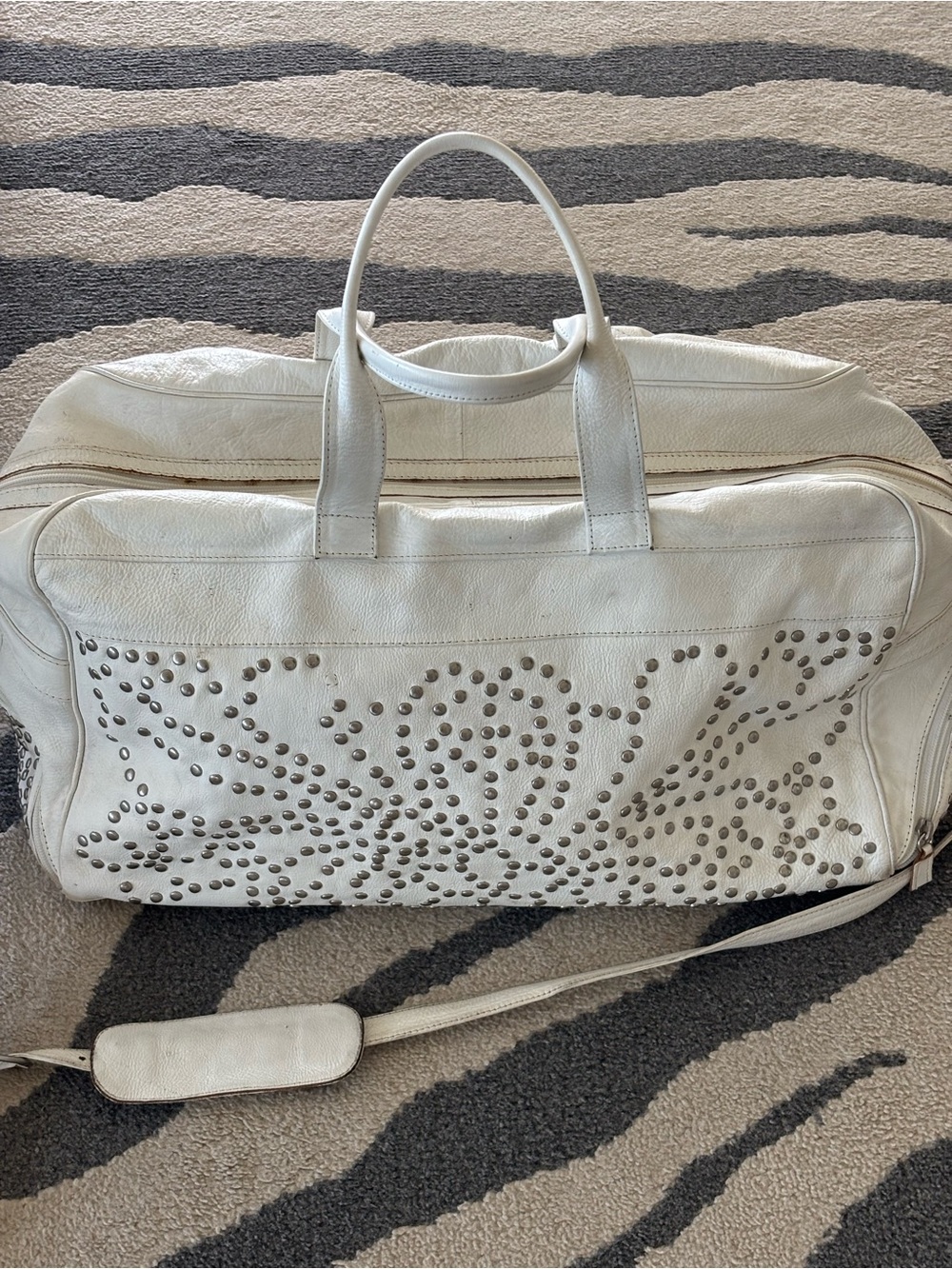 White Studded Leather Weekender Bag